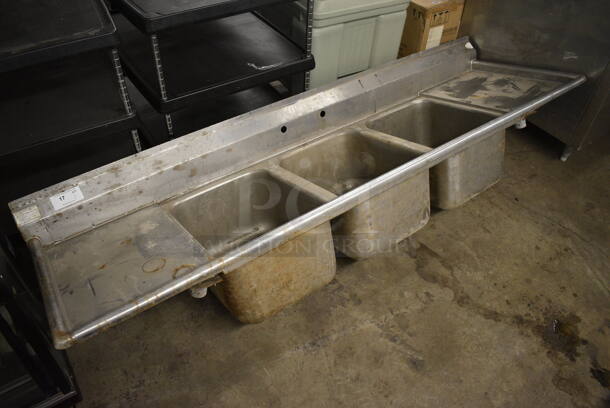 Stainless Steel Commercial 3 Bay Sink w/ Dual Drainboards. Does Not Have Legs. 90x28x24. Bays 16x20x12. Drainboards 16x23x1