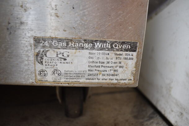 Cooking Performance Group CPG 351S24N Stainless Steel Commercial Natural Gas Powered 4 Burner Range w/ Oven and Back Splash on Commercial Casters. 150,000 BTU.  - Image 6 of 6