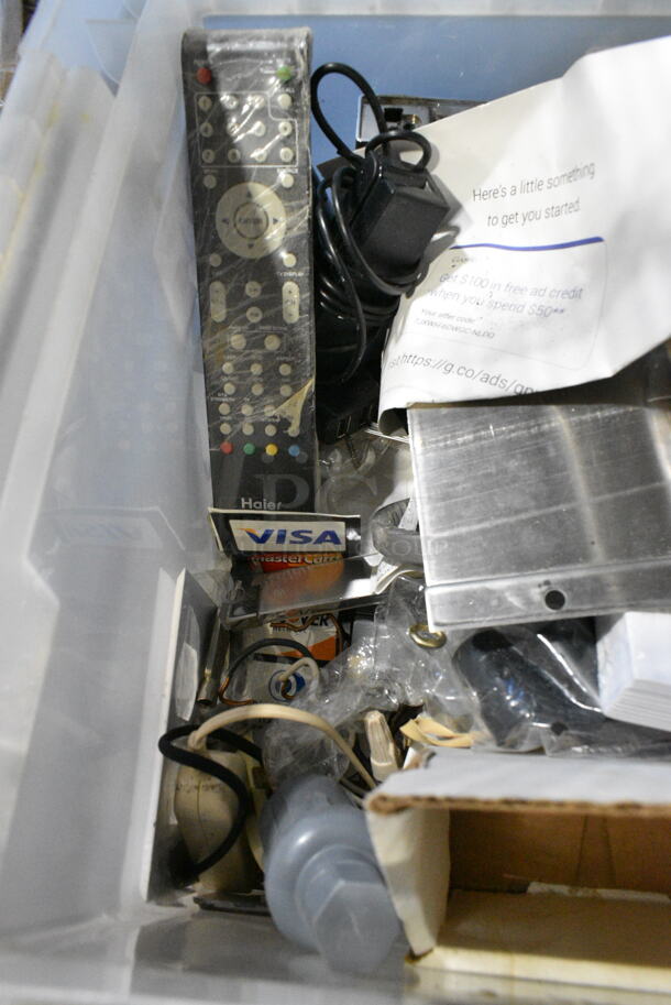 ALL ONE MONEY! Lot of Various Items Including Order Pads, Remote, Sign, Hard Drive in Poly Bin.  - Image 4 of 8