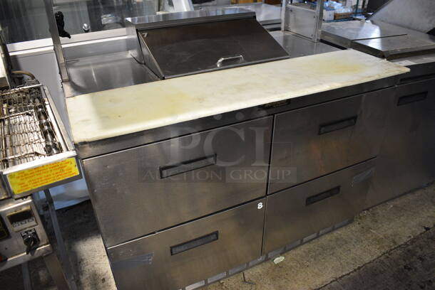 Delfield Stainless Steel Commercial Sandwich Salad Prep Table w/ 4 Drawers and Over Shelf. 48x33x55. Tested and Powers On But Does Not Get Cold - Image 3 of 6