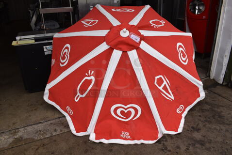 2 Red and White 8' Patio Umbrellas. 2 Times Your Bid!
