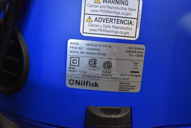 BRAND NEW IN BOX! Nilfisk AERO 21-01 PC US PC Poly Blue and Black Shop Vac Vacuum Cleaner on Casters. 120 Volts, 1 Phase. 14x14x20. Tested and Working! - Image 6 of 8