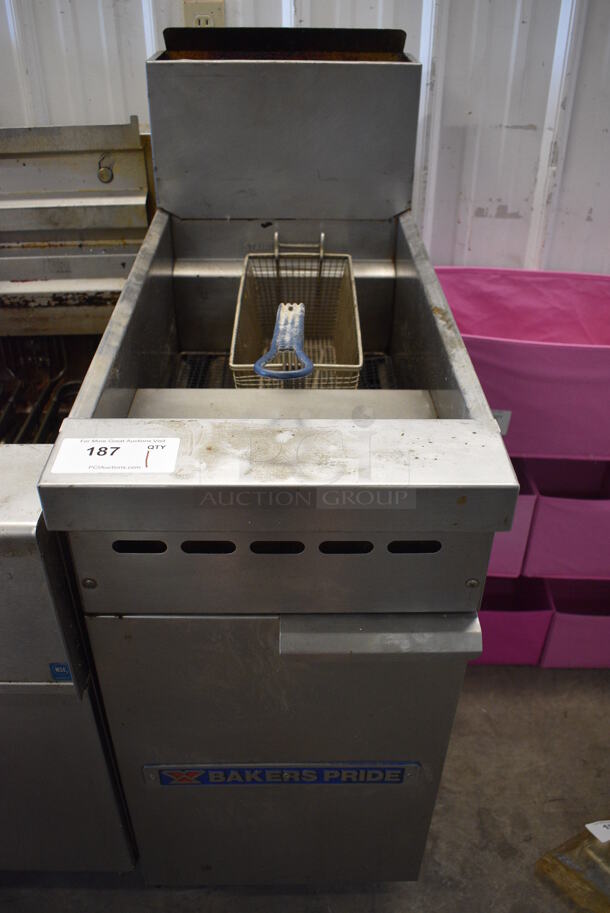 Baker's Pride Stainless Steel Commercial Floor Style Natural Gas Powered Deep Fat Fryer w/ 1 Metal Fry Basket on Commercial Casters. 15.5x33x46