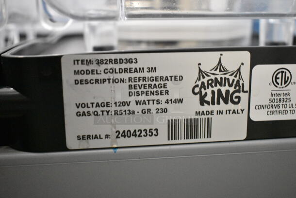 BRAND NEW SCRATCH AND DENT! 2024 Carnival King COLDREAM 3M RBD3G3 Triple 3 Gallon Bowl Refrigerated Beverage Dispenser. 115 Volts, 1 Phase. Tested and Working! - Image 6 of 6