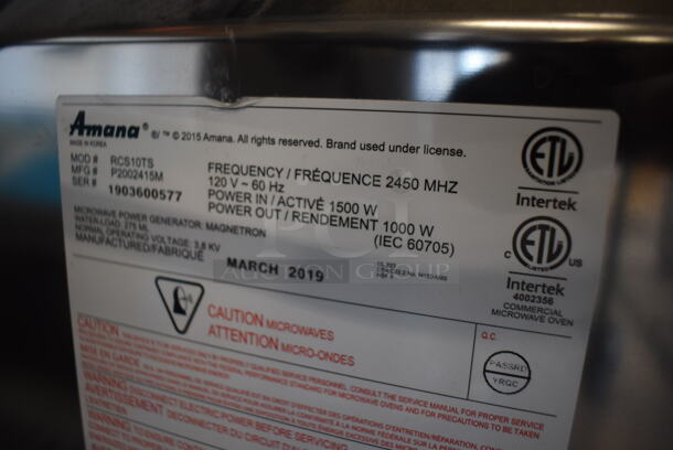 2019 Amana RCS10TS Stainless Steel Commercial Countertop Microwave Oven. 120 Volts, 1 Phase. 22x18x14 - Image 6 of 6
