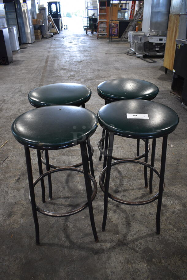 4 Bar Stools With Green Cushioned Seats On Wrought Iron Legs. Cosmetic Condition May Vary. 4 Times Your Bid! 