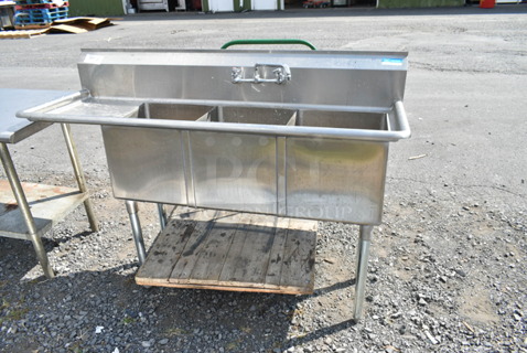 Stainless Steel 3 Bay Sink w/ Faucet, Handles and Left Side Drain Board. Bay 15x15x15. Drain Board 12x16