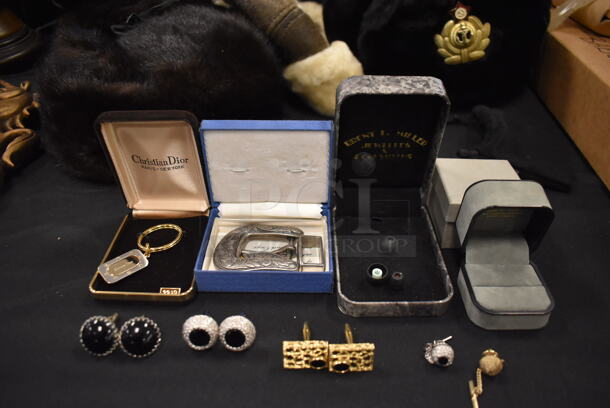 ALL ONE MONEY! Lot of Christian Dior Keychain, Sterling Silver Belt Buckle, Jewelry Boxes and Cufflinks