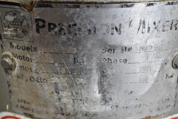 Precision PD-60 Metal Commercial Floor Style 60 Quart Planetary Dough Mixer w/ Bowl Guard. 220 Volts, 3 Phase.  - Image 6 of 6