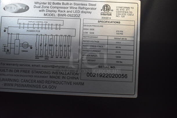BRAND NEW SCRATCH AND DENT! Whynter BWR-0922DZ Metal Commercial Single Door Reach In Wine Chiller Cooler Merchandiser. 115 Volts, 1 Phase. Tested and Working! - Image 4 of 5