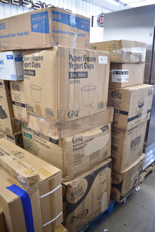 PALLET LOT of 38 BRAND NEW Boxes Including 2 Box 500TO993 Choice 9" x 9" x 3" Microwaveable 3-Compartment Black / Clear Plastic Hinged Container - 100/Case, 2 Box 129MCS28B Choice 28 oz. Black Rectangular Microwavable Heavy Weight Container with Lid 8 3/4" x 6 1/4" x 1 3/4" - 150/Case, Choice Kraft Paper Food Soup Cups, 760IC08W Choice 8 oz. White Paper Frozen Yogurt / Food Cup - 1000/Case, 500TW7 Choice 7 oz. Translucent Thin Wall Plastic Cold Cup - 2500/Case, 2 Box 500CC32P Clear PET Plastic Cold Cup - 32 oz, 3511220086 Cooking Performance Group 3511220086 Thermostat for FCPG Series, 5002DNAPBLK Choice 15" x 17" Black Customizable 2-Ply Paper Dinner Napkin - 1000/Case, 395RP09 EcoChoice Compostable Sugarcane / Bagasse 9" Plate - 500/Case, 500CC9 Choice 9 oz. Clear PET Customizable Plastic Squat Cold Cup - 1000/Case, 3053331 12 oz. PET Parfait / Dessert Cup - 500/Case, 4 Box 50224338CL Lavex 15 Gallon 8 Micron 24" x 33" High Density Janitorial Can Liner / Trash Bag - 1000/Case, 3 Box Eco-gecko 10" Square Sustainable Palm Leaf Plate - 100/Case, 347TCL5 Choice 5 oz. Clear Disposable Plastic Tumbler - 500/Case, 130BKFSH Visions Wrapped Black Heavy Weight Plastic Cutlery Pack with Knife, Fork, and Spoon - 500/Case, 5008W Choice 8 oz. Tall White Poly Paper Hot Cup - 1000/Case, 2 Box G4600XR 45 Gallon Red Can Liners. 38 Times Your Bid! 