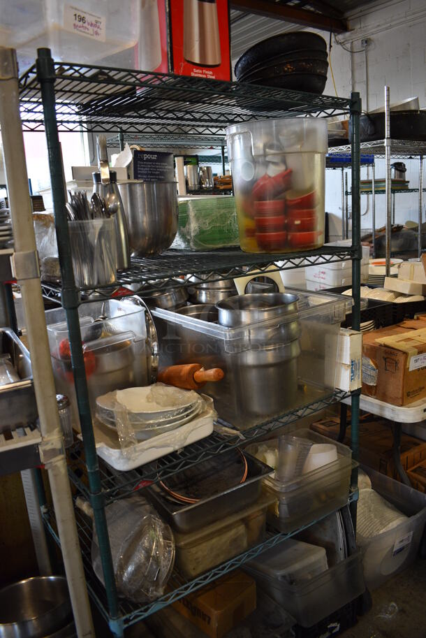 ALL ONE MONEY! Metro Lot of 4 Tiers of Various Items Including Metal Skillets, Air Pot, Ceramic Bowls, Metal Bins and Utensils. Does Not Include Metro Shelving Unit