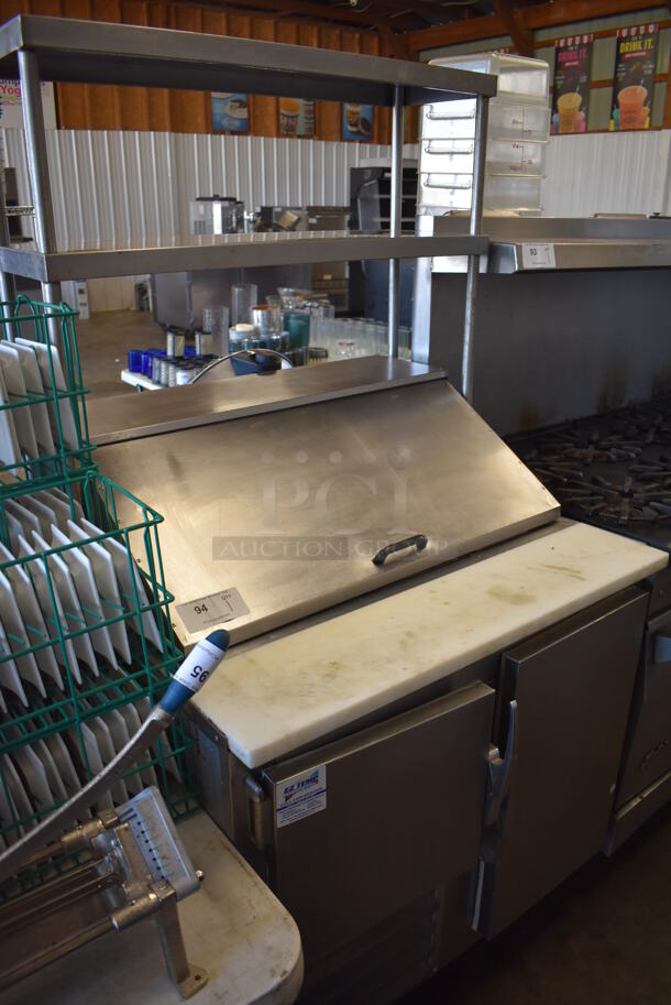 Leader Stainless Steel Commercial Sandwich Salad Prep Table Bain Marie Mega Top w/ 2 Tier Over Shelf and Various Drop In Bins. 115 Volts, 1 Phase. 36x35x70. Tested and Powers On But Does Not Get Cold - Image 3 of 9