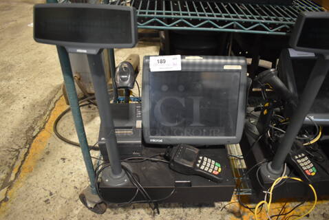 Micros 15" POS Monitor, Epson M129H Receipt Printer, Barcode Scanner, Credit Card Reader and Metal Cash Drawer.