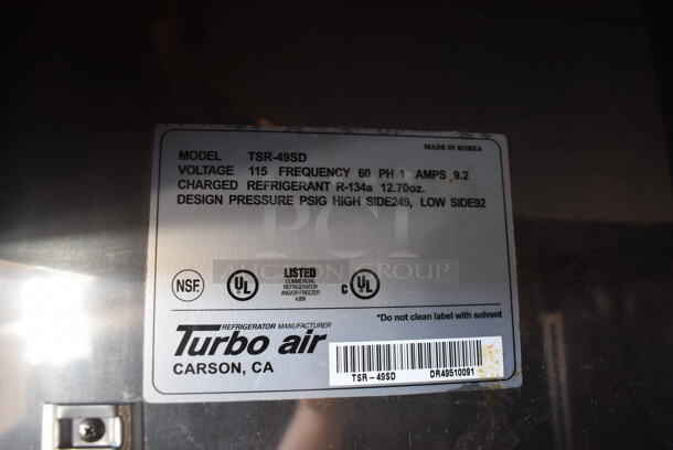 Turbo Air TSR-49SD Stainless Steel Commercial 2 Door Reach In Cooler w/ Metal Racks on Commercial Casters. 115 Volts, 1 Phase. Tested and Working! - Image 4 of 8