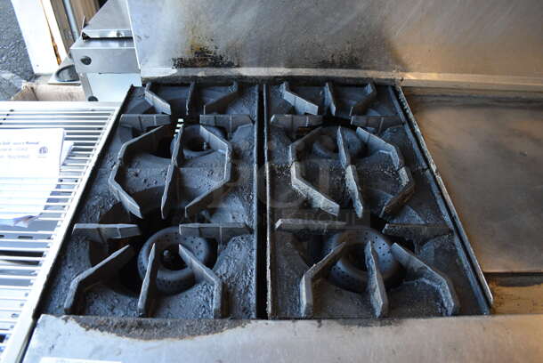 American Range Stainless Steel Commercial Natural Gas Powered 4 Burner Range w/ Flat Top, Oven, Convection Oven, Over Shelf and Back Splash on Commercial Casters. 72x33x57 - Image 4 of 7