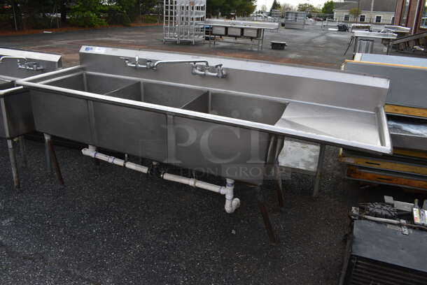 Stainless Steel Commercial 3 Bay Sink w/ Right Side Drainboard, 2 Handle Sets and 2 Faucets. 98x30x46. Bays 24x24x13. Drainboard 22x26x1 - Image 2 of 6