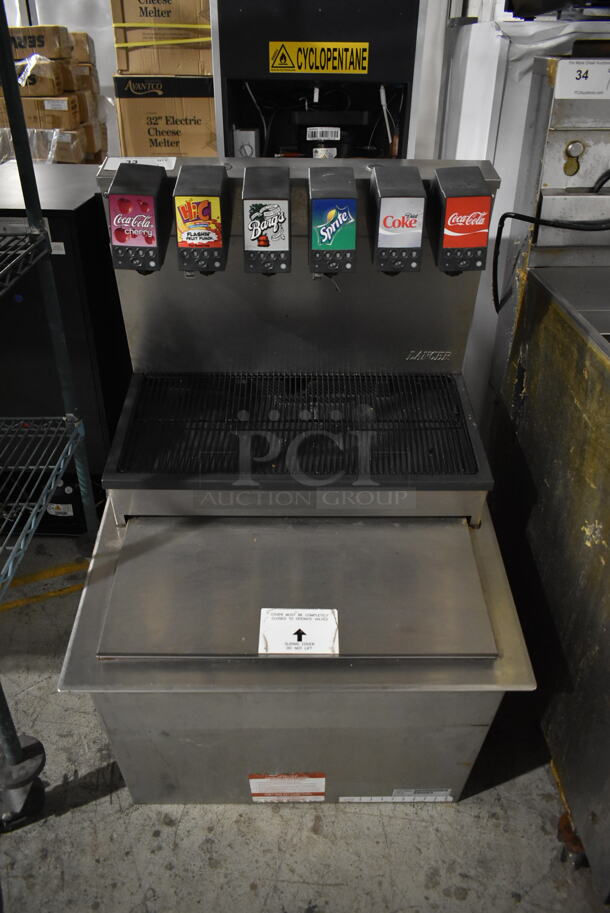 Lancer 2306 Stainless Steel Commercial 6 Flavor Carbonated Beverage Machine on Stainless Steel Drop In Ice Bin. 
