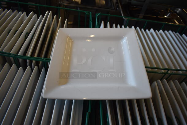 ALL ONE MONEY! Lot of 4 Crates of 18 White Ceramic Square Plates. Missing 1 Plate. 11x11x1