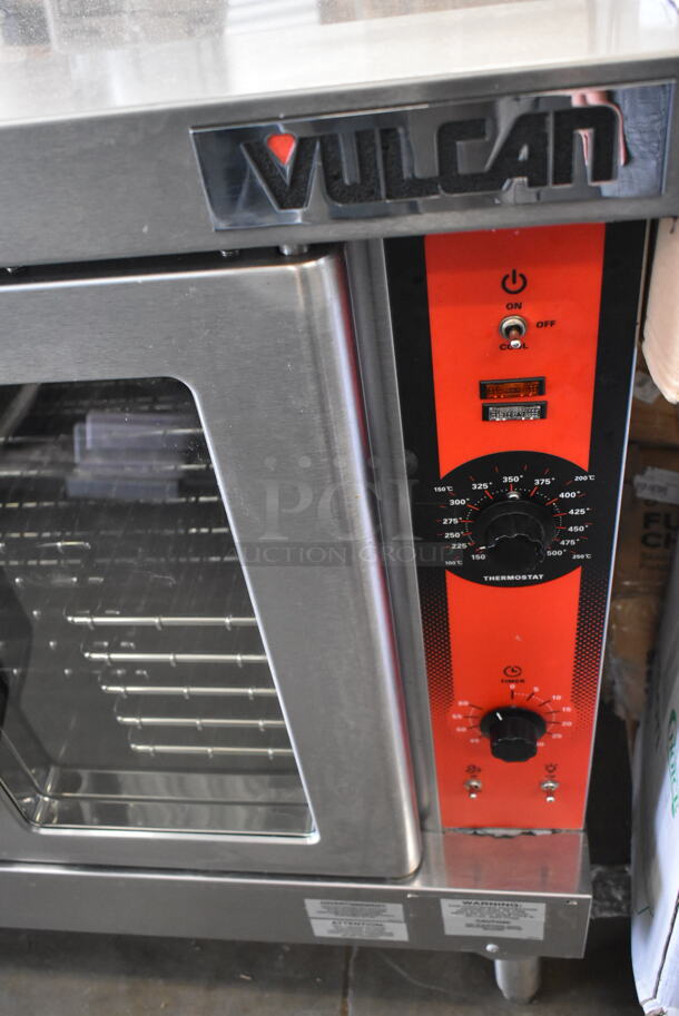 BRAND NEW SCRATCH AND DENT! Vulcan VC4ED Stainless Steel Commercial Electric Powered Full Size Convection Oven w/ View Through Doors, Metal Oven Racks and Thermostatic Controls on Metal Legs. See Pictures for Smaller Legs Than The Gallery Shows. 480 Volts, 1/3 Phase.  - Image 7 of 8
