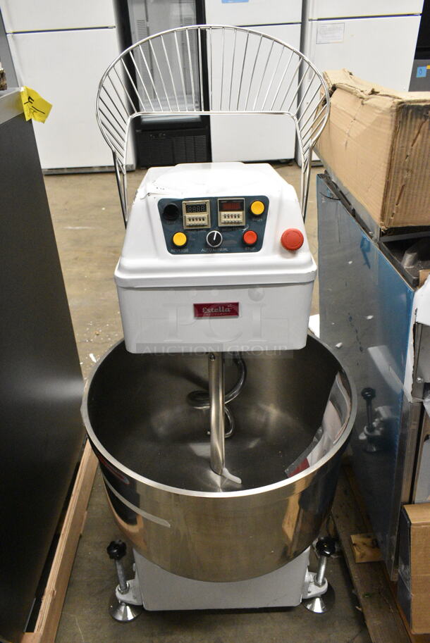 BRAND NEW SCRATCH AND DENT! Estella 348SM80 Metal Commercial Floor Style 80 Qt. / 116 lb. Two-Speed Spiral Dough Mixer w/ Stainless Steel Mixing Bowl, Bowl Guard and Dough Hook. 220 Volts, 3 Phase.  - Image 6 of 8