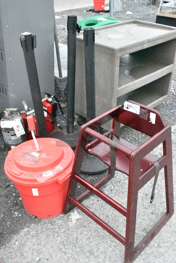 5 Various Items Including High Chair, Lettuce Spinner and 3 Stanchions. 5 Times Your Bid!  - Image 1 of 12