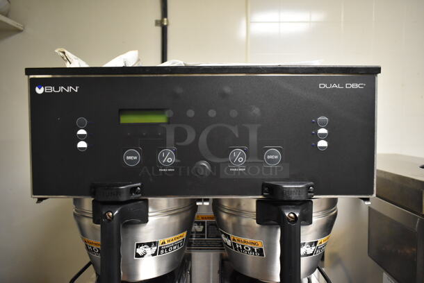 2012 Bunn DUAL GPR DBC Stainless Steel Commercial Countertop Double Coffee Machine w/ Hot Water Dispenser, 2 Metal Coffee Satellites and 2 Metal Brew Baskets. 120/208-240 Volts, 1 Phase. Tested and Working! (ice room) - Image 3 of 8