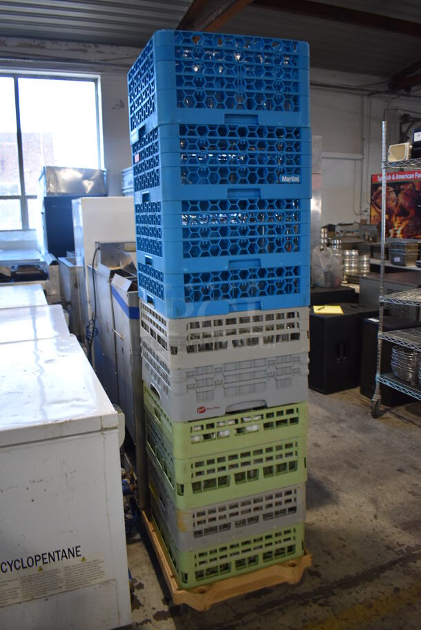 ALL ONE MONEY! Lot of 10 Dish Caddies on Dish Caddy Dolly w/ Various Glasses Including Ceramic Mugs, Beverage Glasses - Image 1 of 11