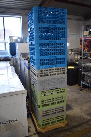 ALL ONE MONEY! Lot of 10 Dish Caddies on Dish Caddy Dolly w/ Various Glasses Including Ceramic Mugs, Beverage Glasses