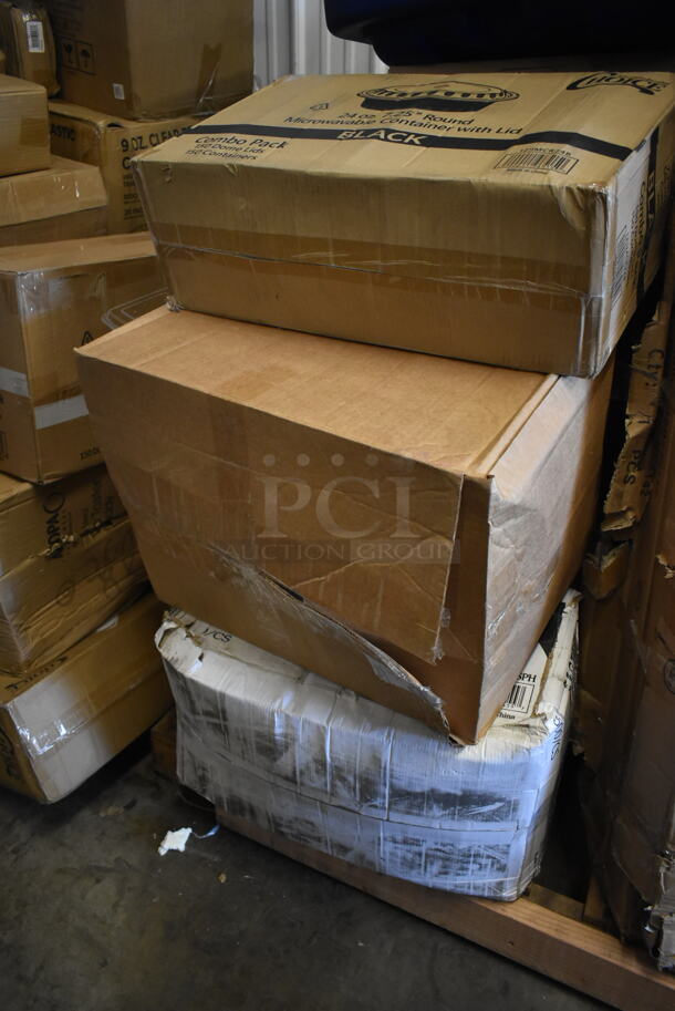 PALLET LOT of 26 BRAND NEW! Boxes Including Regency 460SS2142 Spec Line 21" x 42" NSF Stainless Steel Solid Shelf, 129MCR24B Choice 24 oz. Black Round Microwavable Heavy Weight Container with Lid 7 1/4" - 150/Case, 2 Box Libbey 7505 Vina 18.25 oz. Customizable Balloon Wine / Cocktail Glass - 12/Case, 2 Box Choice Medium Weight White Plastic Soup Spoon - 1000/Case, 130BKFSH Visions Wrapped Black Heavy Weight Plastic Cutlery Pack, 84891005127 Globe Industrial Matte Black Hardwire Pendant Light. 26 Times Your Bid! - Image 3 of 10