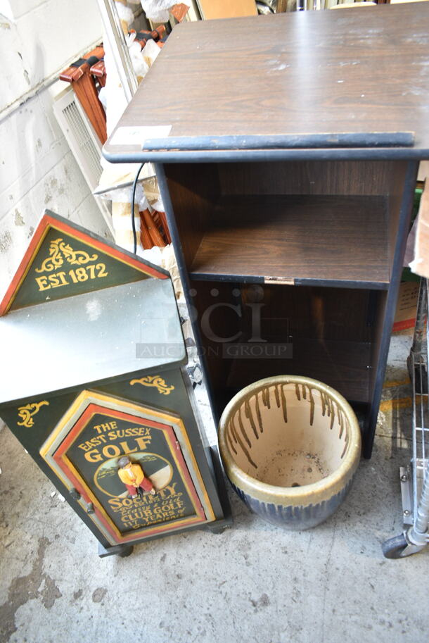 ALL ONE MONEY! Lot of 3 Items; Podium, Cabinet and Planter. 23x21x44, 14.5x10x38, 14.5x14.5x13 - Image 1 of 6