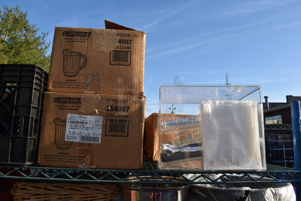 ALL ONE MONEY! Lot of 6 Tiers Worth of Various Items Including Poly Pitchers, Metal Baking Pans, Metal Chafing Dish, Basket. Does Not Include Shelving Unit - Image 2 of 9