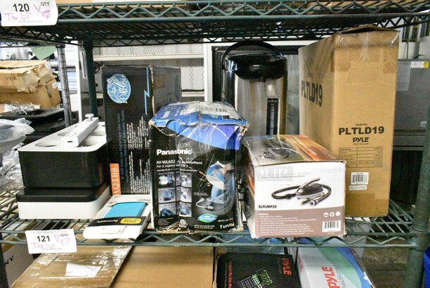 7 Various Items Including SLPUMP20 Electric Air Pump Compressor, Panasonic NI-WL602 Cordless Steam Iron, Otter Phone Case, Pyle AQTB8 Super Slim Active Marine Subwoofer Speaker, SereneLife SLGLF130 Smart Indoor Garden, Nutrichef PKWK43 Electric Water Boiler and Warmer, Pyle PLTLD19 Television. 7 Times Your Bid!  - Image 1 of 12