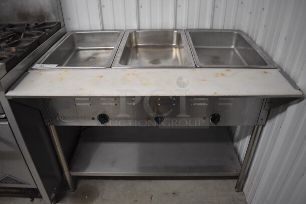 Avantco Stainless Steel Commercial Electric Powered 3 Bay Steam Table w/ Cutting Board and Under Shelf. 43x30x34. Tested and Working!