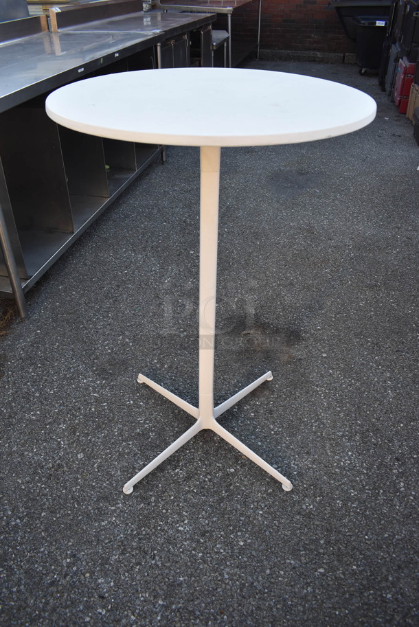 4 White Round Bar Height Tables on Metal Table Base. Stock Picture - Cosmetic Condition May Vary. 27.5x27.5x42. 4 Times Your Bid!