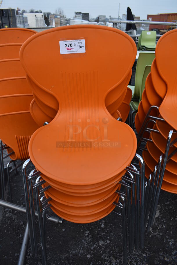 6 Dining Chairs w/ Orange Seat on Metal Legs. 20x20x32. 6 Times Your Bid!