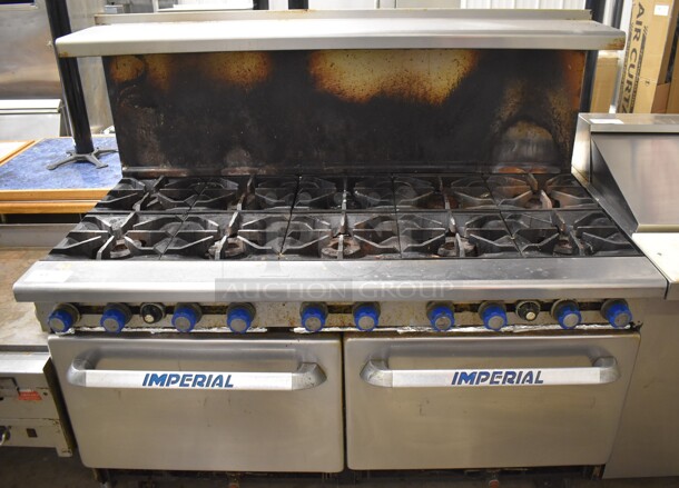 Imperial Stainless Steel Commercial Natural Gas Powered 10 Burner Range w/ 2 Ovens, Over Shelf and Back Splash on Commercial Casters. 60x32x56