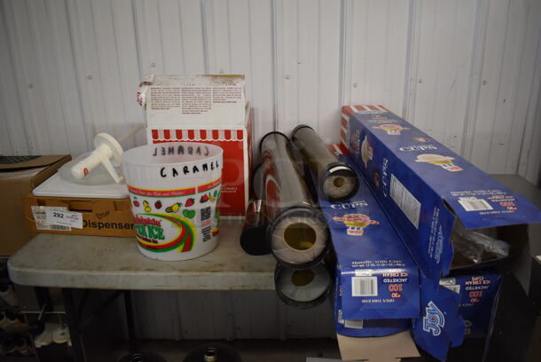 ALL ONE MONEY! Lot of Various Items Including Poly Cone Dispensers, Cones and Caramel