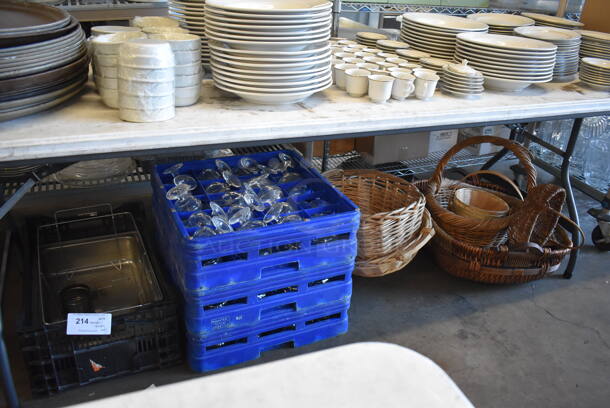 ALL ONE MONEY! Lot of Various Items Under Tabletop Including Baskets, Glasses and Poly Bin - Image 3 of 12