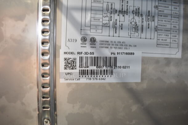 KoolMore RIF-3D-SS Stainless Steel Commercial 3 Door Reach In Freezer w/ Poly Coated Racks on Commercial Casters. 115 Volts, 1 Phase. Tested and Powers On But Does Not Get Cold - Image 7 of 7