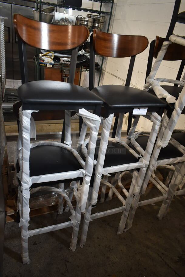 4 BRAND NEW SCRATCH AND DENT! Black Metal Bar Height Chairs w/ Black Seat Cushion and Wooden Back Rest. 4 Times Your Bid! - Image 2 of 5