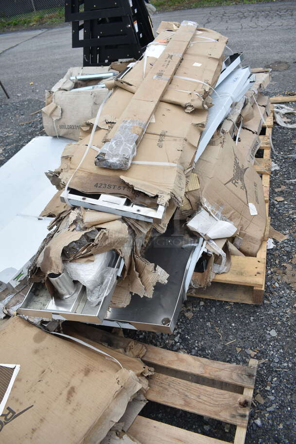PALLET LOT of 8 Various BRAND NEW SCRATCH AND DENT! Items; Box of 4 Regency 460EGPC64 64" NSF Green Epoxy Mobile Shelving Post, ServIt 423ST5TSDS Solid Drop Down Side Tray Slide for 5-Pan Steam Tables, Regency 600DOS1272 Stainless Steel Double Deck Overshelf - 12" x 72" x 32", Regency 600SOS1896 Stainless Steel Single Deck Overshelf - 18" x 96" x 19 1/4", Box of 4 Regency 460EC2436 24" x 36" NSF Chrome Wire Shelf, 2 Regency 600TS3084S 30" x 84" 16-Gauge 304 Stainless Steel Commercial Work Table with Undershelf, Regency 600T1848G 18" x 48" 18-Gauge 304 Stainless Steel Commercial Work Table with Galvanized Legs and Undershelf. 8 Times Your Bid! - Image 2 of 11