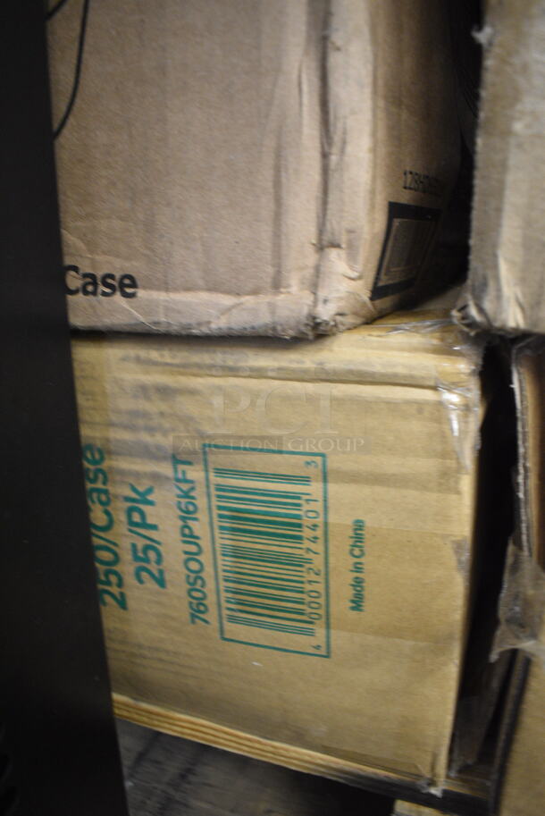 PALLET LOT of 42 BRAND NEW Boxes Including 7 Box 130ROLLKFSBK Visions 17" x 17" White Pre-Rolled Linen-Feel Napkin and Black Heavy Weight Plastic Cutlery Set - 100/Case, 129MCR24B Choice 24 oz. Black Round Microwavable Heavy Weight Container with Lid 7 1/4" - 150/Case, Choice 16 oz Deli Containers, 130SERVSPBK Visions 10" Black Disposable Plastic Serving Spoon - 72/Case, 760SOUP16KFT EcoChoice 16 oz. Kraft Paper Food Cup with Vented Lid - 250/Case, 433CARTRAY1 EcoChoice Pulp Fiber 1 Cup Carrier with Tray - 200/Case, 5002BNAPNAT EcoChoice 2-Ply Natural Kraft Beverage / Cocktail Napkin - 3000/Case, 5002CPTEC Lavex 2-Ply White Center Pull Economy Paper Towel Roll, 500 Sheets / Roll - 6/Case, 20500-3L Genpak 20500-BLK 9 3/16" x 6 1/2" x 2 7/8" Black Large Deep All Purpose Foam Hinged Lid Container - 200/Case, 128HD12COMBO ChoiceHD 12 oz. Microwavable Translucent Plastic Deli Container and Lid Combo Pack - 240/Case, 427BMFAR75SL Umbrella. 42 Times Your Bid! - Image 8 of 12