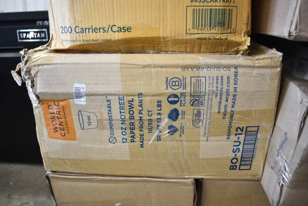 PALLET LOT of 42 BRAND NEW Boxes Including 7 Box 130ROLLKFSBK Visions 17" x 17" White Pre-Rolled Linen-Feel Napkin and Black Heavy Weight Plastic Cutlery Set - 100/Case, 129MCR24B Choice 24 oz. Black Round Microwavable Heavy Weight Container with Lid 7 1/4" - 150/Case, Choice 16 oz Deli Containers, 130SERVSPBK Visions 10" Black Disposable Plastic Serving Spoon - 72/Case, 760SOUP16KFT EcoChoice 16 oz. Kraft Paper Food Cup with Vented Lid - 250/Case, 433CARTRAY1 EcoChoice Pulp Fiber 1 Cup Carrier with Tray - 200/Case, 5002BNAPNAT EcoChoice 2-Ply Natural Kraft Beverage / Cocktail Napkin - 3000/Case, 5002CPTEC Lavex 2-Ply White Center Pull Economy Paper Towel Roll, 500 Sheets / Roll - 6/Case, 20500-3L Genpak 20500-BLK 9 3/16" x 6 1/2" x 2 7/8" Black Large Deep All Purpose Foam Hinged Lid Container - 200/Case, 128HD12COMBO ChoiceHD 12 oz. Microwavable Translucent Plastic Deli Container and Lid Combo Pack - 240/Case, 427BMFAR75SL Umbrella. 42 Times Your Bid! - Image 10 of 12