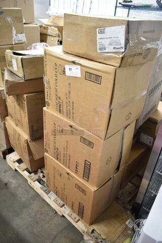 PALLET LOT of 20 BRAND NEW! Items Including 2 Box 10082622 Camrack Extenders, 2 Box Spiced Apple, 3 Box Pactiv Impact D12SCCIMP Dopaco Squat Paper Cold Cup White 12oz, Carlisle 4366807 Tumblers, 10135371 Flexipan Muffin Molds, 2 Box Front of the House DBO176WHP21 Soho 48 oz. Bright White Round Porcelain Bowl, American Metalcraft SVHT1 Serving Tongs, 10042170 Air Freshener, QUASGWT40P Store Grid Wall Track, 10040838 Water Treatment, Pentair QTI1+CR Filter, SG-CMBP Cylinder Holder Bracket, Tilt Round Riser, PD-6 Unit, 2 Quantum SG-U44P Store Grid, Quantum QUASGWT40P Store Grid Wall Track, IM-1920 Cornucopia Giant Double Wall cooler. 20 Times Your Bid!