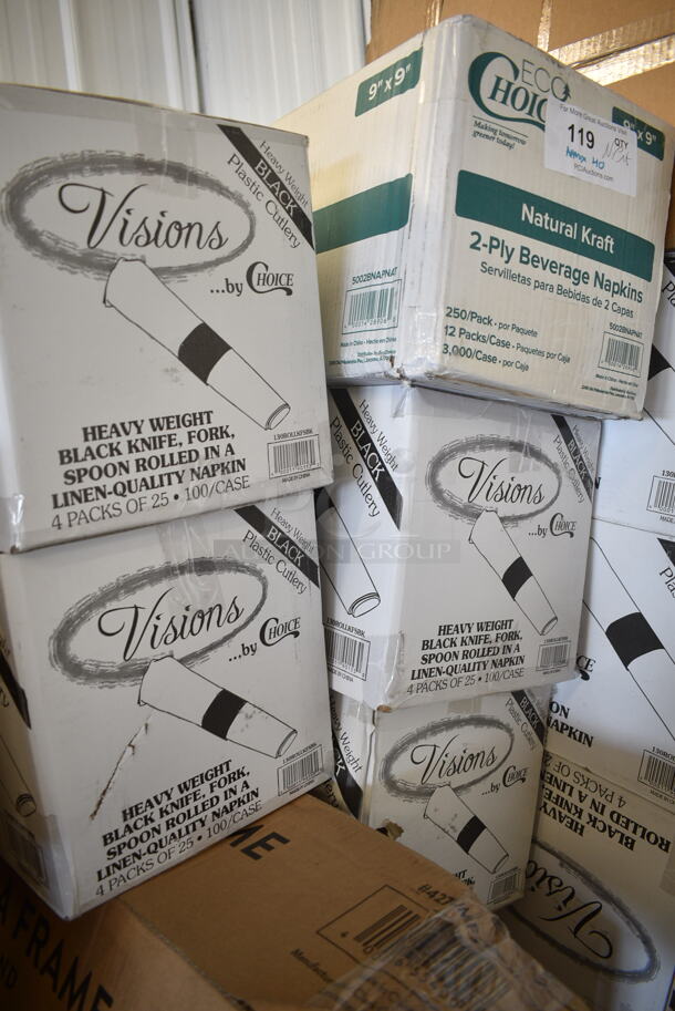 PALLET LOT of 42 BRAND NEW Boxes Including 7 Box 130ROLLKFSBK Visions 17" x 17" White Pre-Rolled Linen-Feel Napkin and Black Heavy Weight Plastic Cutlery Set - 100/Case, 129MCR24B Choice 24 oz. Black Round Microwavable Heavy Weight Container with Lid 7 1/4" - 150/Case, Choice 16 oz Deli Containers, 130SERVSPBK Visions 10" Black Disposable Plastic Serving Spoon - 72/Case, 760SOUP16KFT EcoChoice 16 oz. Kraft Paper Food Cup with Vented Lid - 250/Case, 433CARTRAY1 EcoChoice Pulp Fiber 1 Cup Carrier with Tray - 200/Case, 5002BNAPNAT EcoChoice 2-Ply Natural Kraft Beverage / Cocktail Napkin - 3000/Case, 5002CPTEC Lavex 2-Ply White Center Pull Economy Paper Towel Roll, 500 Sheets / Roll - 6/Case, 20500-3L Genpak 20500-BLK 9 3/16" x 6 1/2" x 2 7/8" Black Large Deep All Purpose Foam Hinged Lid Container - 200/Case, 128HD12COMBO ChoiceHD 12 oz. Microwavable Translucent Plastic Deli Container and Lid Combo Pack - 240/Case, 427BMFAR75SL Umbrella. 42 Times Your Bid! - Image 11 of 12