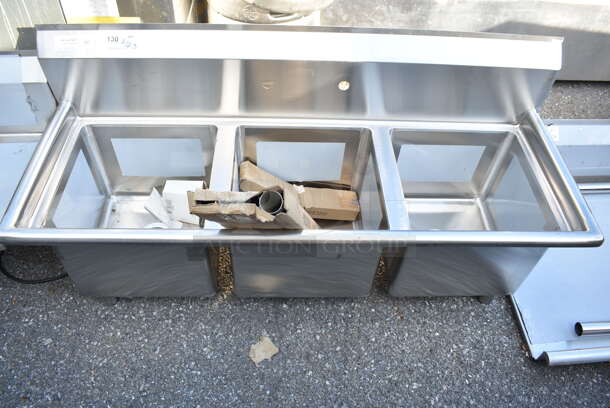 BRAND NEW SCRATCH AND DENT! Regency 600S31515 54" 16-Gauge Stainless Steel Three Compartment Commercial Sink with Galvanized Steel Legs and without Drainboards - 15" x 15" x 12" Bowls - Image 2 of 8