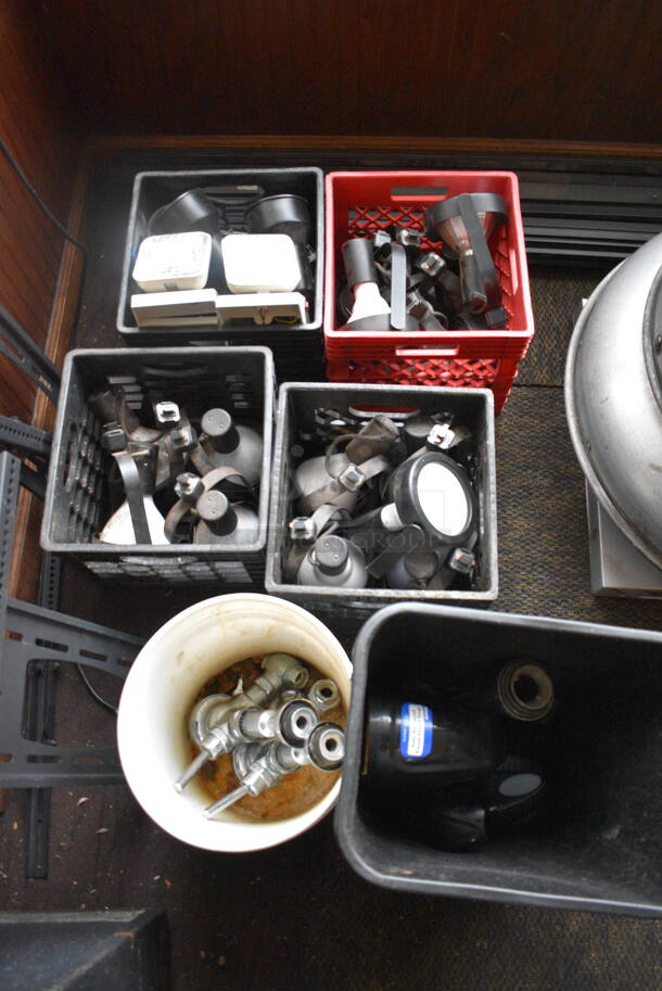 ALL ONE MONEY! Lot of 6 Bins of Various Items Including Lights. BUYER MUST REMOVE. (Susquehanna Ale House)