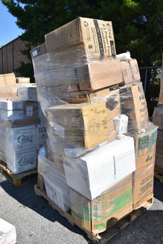 PALLET LOT of 38 BRAND NEW Boxes Including 129MCS28B Choice 28 oz. Black Rectangular Microwavable Heavy Weight Container with Lid 8 3/4" x 6 1/4" x 1 3/4" - 150/Case, 612613245 Choice Half Size Foil Steam Table Pan Deep 2 9/16" Depth - 100/Case, 5002TPJ Lavex Select Compact Jumbo Jr. 550' 2-Ply Toilet Paper Roll with 7" Diameter - 12/Case, 129MCS28B Choice 28 oz. Black Rectangular Microwavable Heavy Weight Container with Lid 8 3/4" x 6 1/4" x 1 3/4" - 150/Case, 795NRKFT3 New Roots Kraft PLA-Lined Compostable #3 Take-Out Container 7 3/4" x 5 1/2" x 2 1/2" - 200/Case, 127CH16F Choice 16 oz. Clear RPET Tall Hinged Deli Container - 200/Case, 500MF963BIC Choice Compartment Microwaveable Take-Out Container, 129MCS28B Choice 28 oz. Black Rectangular Microwavable Heavy Weight Container with Lid 8 3/4" x 6 1/4" x 1 3/4" - 150/Case, 50012C Choice 12 oz. Coffee Print Poly Paper Hot Cup - 1000/Case, Dart 12J12 12 oz. White Customizable Foam Cup - 1000/Case, 2 Box 795PTOWHT2 ChoiceWhite Microwavable Folded Paper #2 Take-Out Container 7 3/4" x 5 1/2" x 1 7/8" - 200/Case, 500MFT Lavex White M-Fold (Multifold) Towel - 4000/Case, 612P558 Choice 8" Clear Round Plastic Dome Lid - 500/Case, 127RDTFLBULK Choice Microwavable Translucent Customizable Recessed Fit Deli Lid - 500/Case. 38 Times Your Bid! 