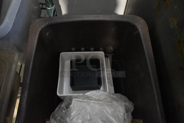 ALL ONE MONEY! Lot of Various Dishes in Rubbermaid Brown Poly Slim Jim Trash Can. 11x20x30 - Image 3 of 4